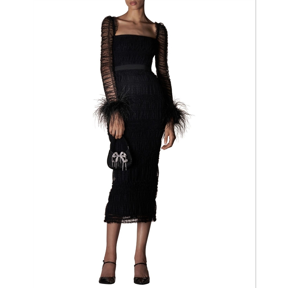 Self-Portrait | Dresses | Selfportrait Black Dot Mesh Feather Midi Dress